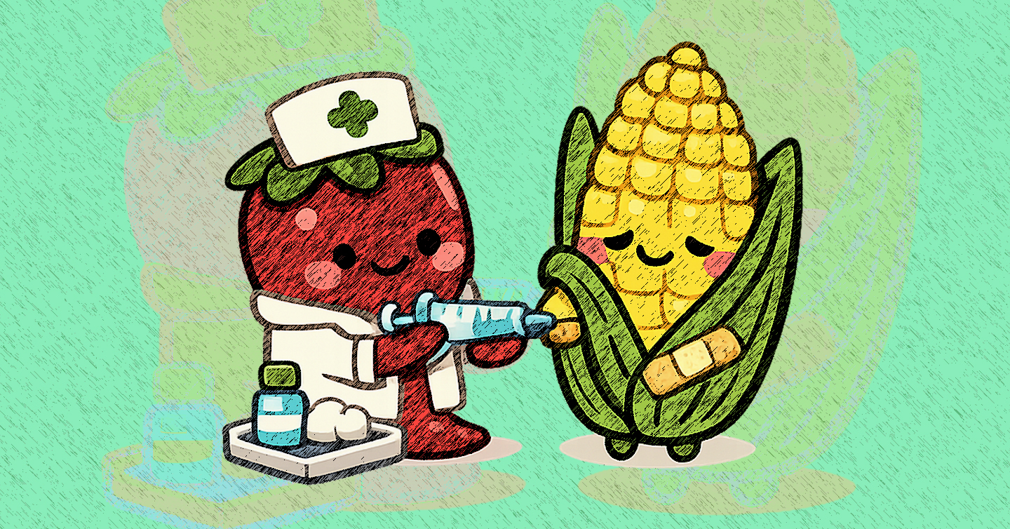 Una figura vestida de enfermero pone una inyección a un elote